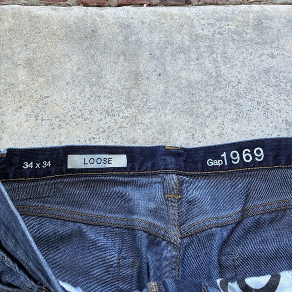 Men's Gap 1969 Loose Fit Raw Dark Wash 34X34 Faded Wide Baggy Y2K Vintage Fit - Picture 2 of 5